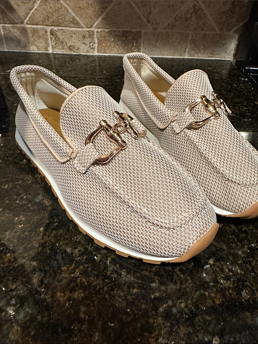 RENLEY Women's Light Beige Slip-On Loafers with Gold Bit Hardware